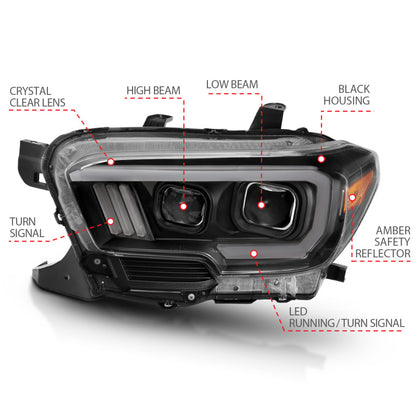 ANZO 2016-2017 Toyota Tacoma Faros delanteros proyectores con estilo tablón Switchback negro con ámbar