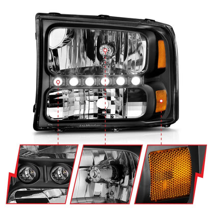 ANZO 2000-2004 Ford Excursion Faróis de cristal preto com LED 1pc