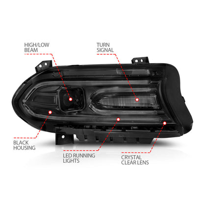 ANZO 2015-2018 Projetor Dodge Charger Faróis Plank Estilo Preto