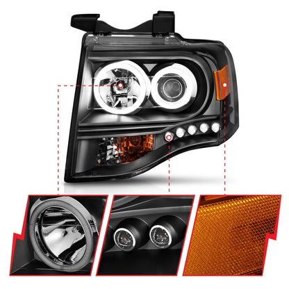 ANZO 2007-2014 Ford Expedition Projetor Faróis com Halo Preto