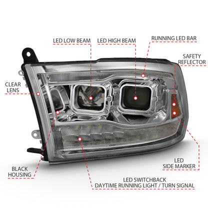 ANZO 2009-2018 Projetor Dodge Ram 1500 HL Switchback Preto Âmbar