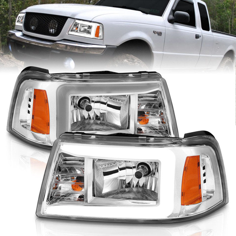 Faróis de cristal ANZO 2001-2011 Ford Ranger c/ barra de luz carcaça cromada