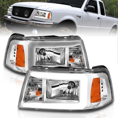 Faróis de cristal ANZO 2001-2011 Ford Ranger c/ barra de luz carcaça cromada