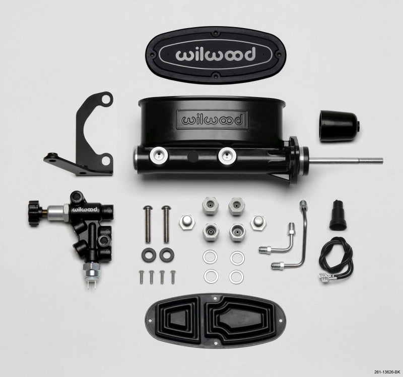 Wilwood HV Tandem M/C Kit w Soporte L/H &amp; Prop Valve - 15/16in Bore Black-W/Pushrod