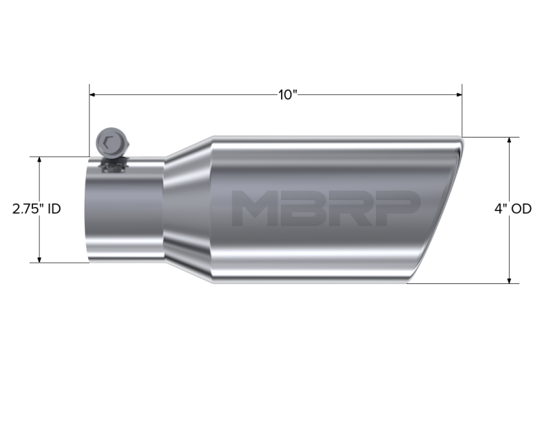 MBRP Punta universal 4 in OD 2.75 in Entrada 10 in Longitud Extremo enrollado en ángulo T304