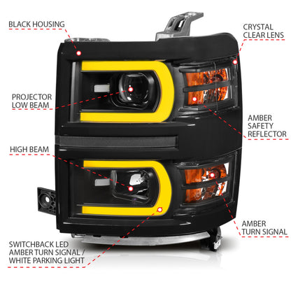 ANZO 14-15 Chevrolet Silverado 1500 Faros delanteros proyectores con estilo tablón Switchback negro con ámbar