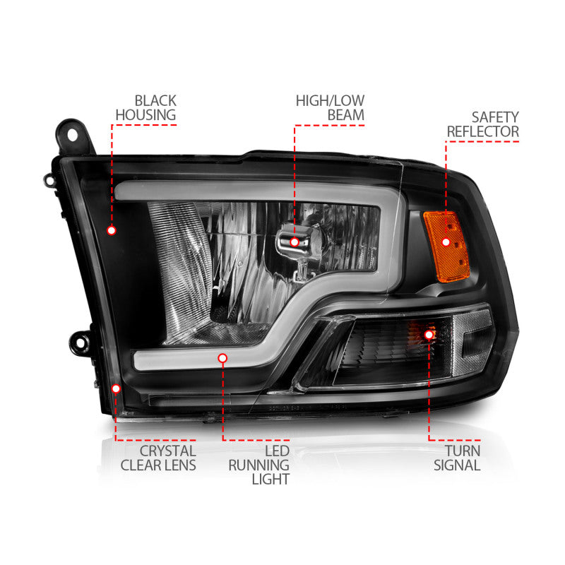 ANZO 2009-2018 Dodge Ram 1500 Faros delanteros de cristal con barra de luz carcasa negra