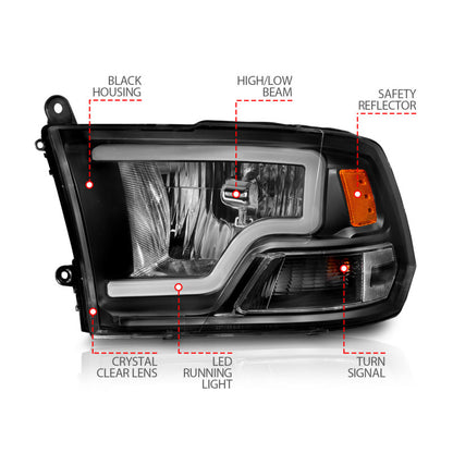ANZO 2009-2018 Dodge Ram 1500 Faros delanteros de cristal con barra de luz carcasa negra