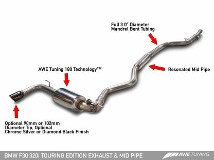 AWE Tuning BMW F30 320i Touring Escape c/Performance Mid Pipe - Diamond Black Tip (90mm)