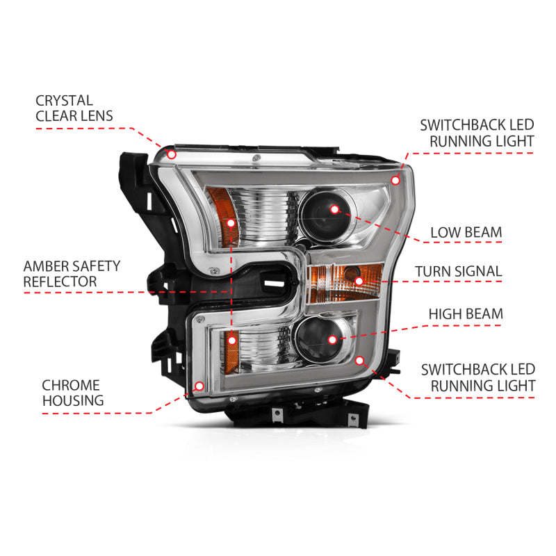 ANZO 2015-2017 Ford F-150 Projetor Faróis c/ Plank Style Switchback Cromado c/ Âmbar