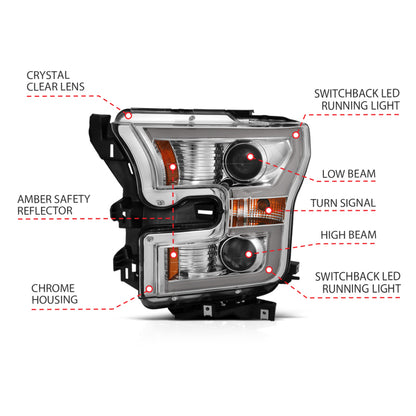 ANZO 2015-2017 Ford F-150 Projetor Faróis c/ Plank Style Switchback Cromado c/ Âmbar