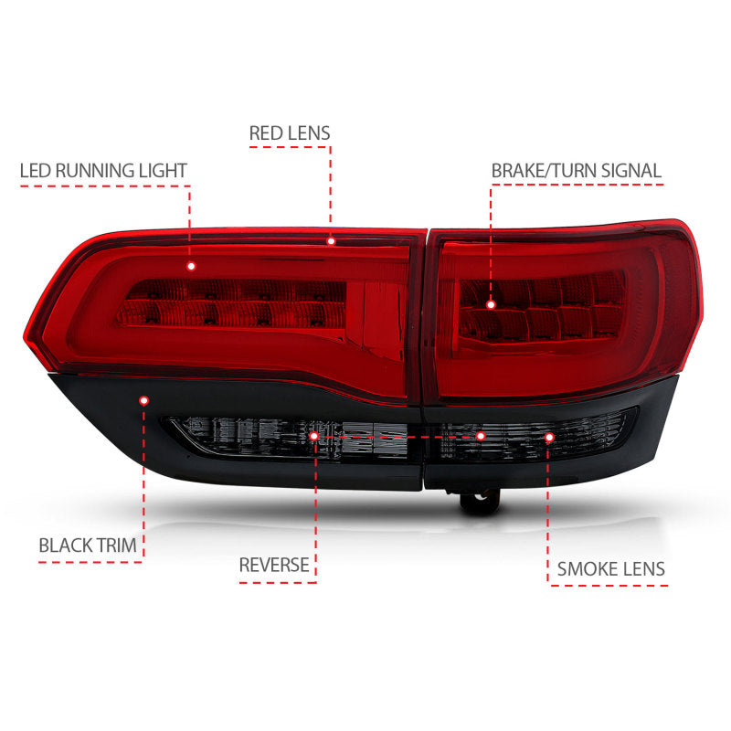ANZO 2014-2016 Jeep Grand Cherokee Lanternas traseiras de LED vermelho/fumaça