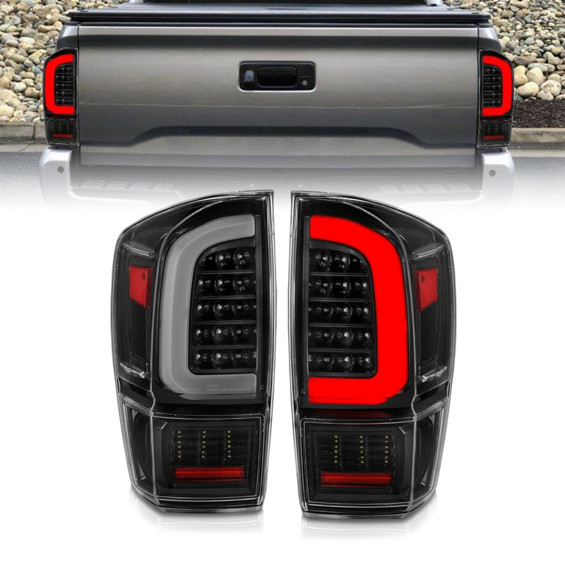 Lanternas traseiras de LED ANZO 16-21 Toyota Tacoma - com barra de luz preta sequencial e lentes transparentes