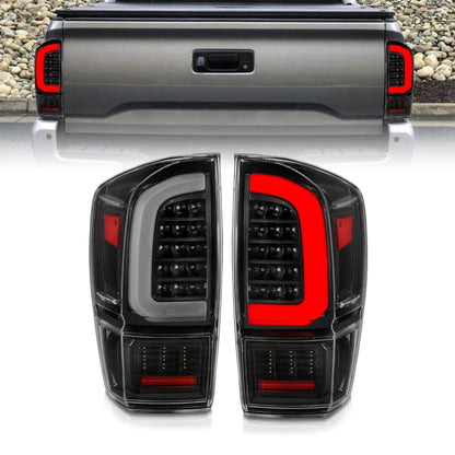 Lanternas traseiras de LED ANZO 16-21 Toyota Tacoma - com barra de luz preta sequencial e lentes transparentes