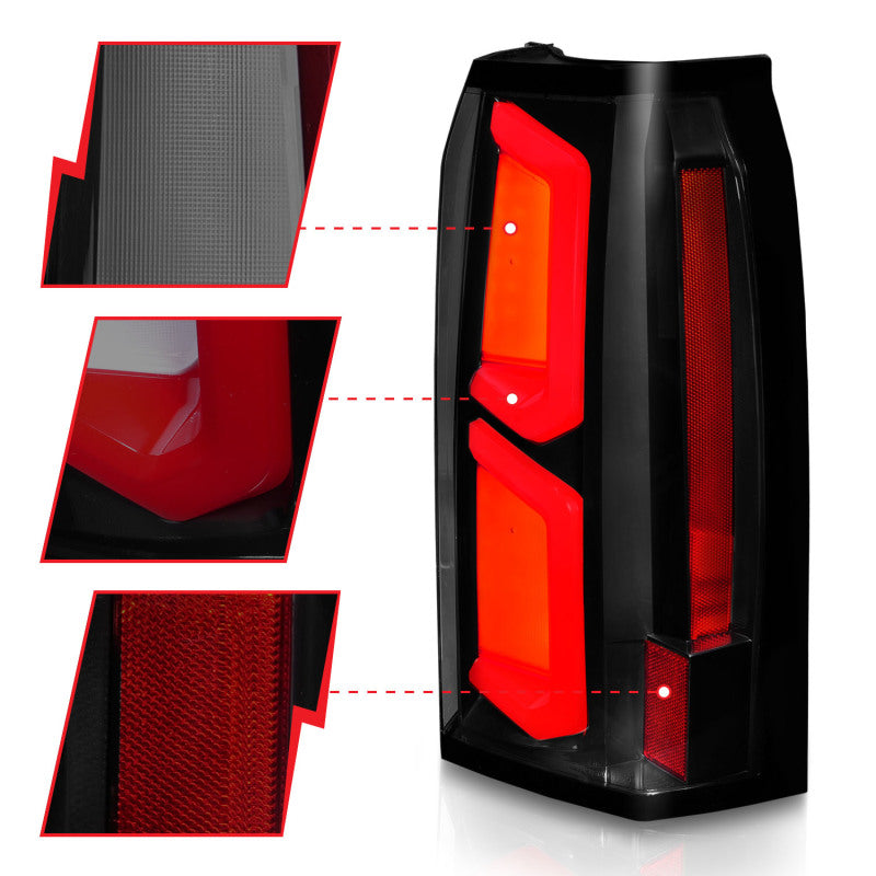 Lanternas traseiras de LED ANZO 2015-2020 Chevrolet Tahoe com barra de luz preta com lente somke