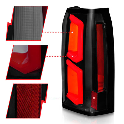 Lanternas traseiras de LED ANZO 2015-2020 Chevrolet Tahoe com barra de luz preta com lente somke