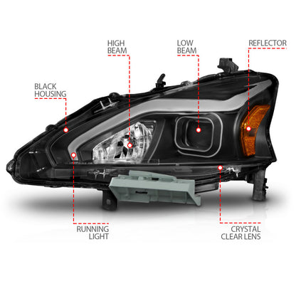 ANZO 13-15 Nissan Altima (sem lâmpadas HID de fábrica) Faróis de projetor - com caixa de barra de luz preta