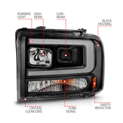 ANZO 99-04 Ford F250/F350/F450/Excursion (excl 99) Faróis de projetor - com caixa de barra de luz preta