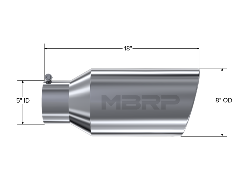 MBRP Punta universal 8in OD Extremo enrollado 5in Entrada 18in Longitud T304