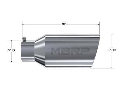 MBRP Punta universal 8in OD Extremo enrollado 5in Entrada 18in Longitud T304