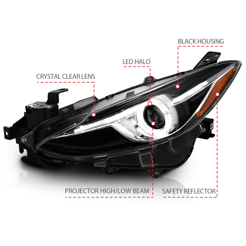 Faros delanteros proyectores ANZO con halo negro con ámbar 14-17 Mazda 3