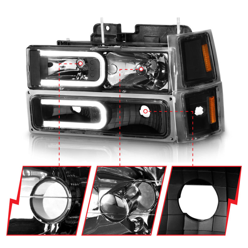 ANZO 88-98 Chevrolet C1500 Faróis de cristal com barra de luz Caixa preta com marcadores laterais de sinal 8 unidades