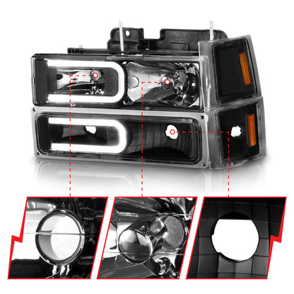 ANZO 88-98 Chevrolet C1500 Faróis de cristal com barra de luz Caixa preta com marcadores laterais de sinal 8 unidades