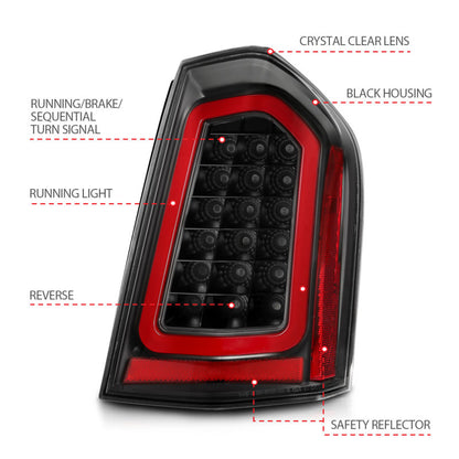 Lanternas traseiras de LED ANZO 11-14 Chrysler 300 pretas com sequencial