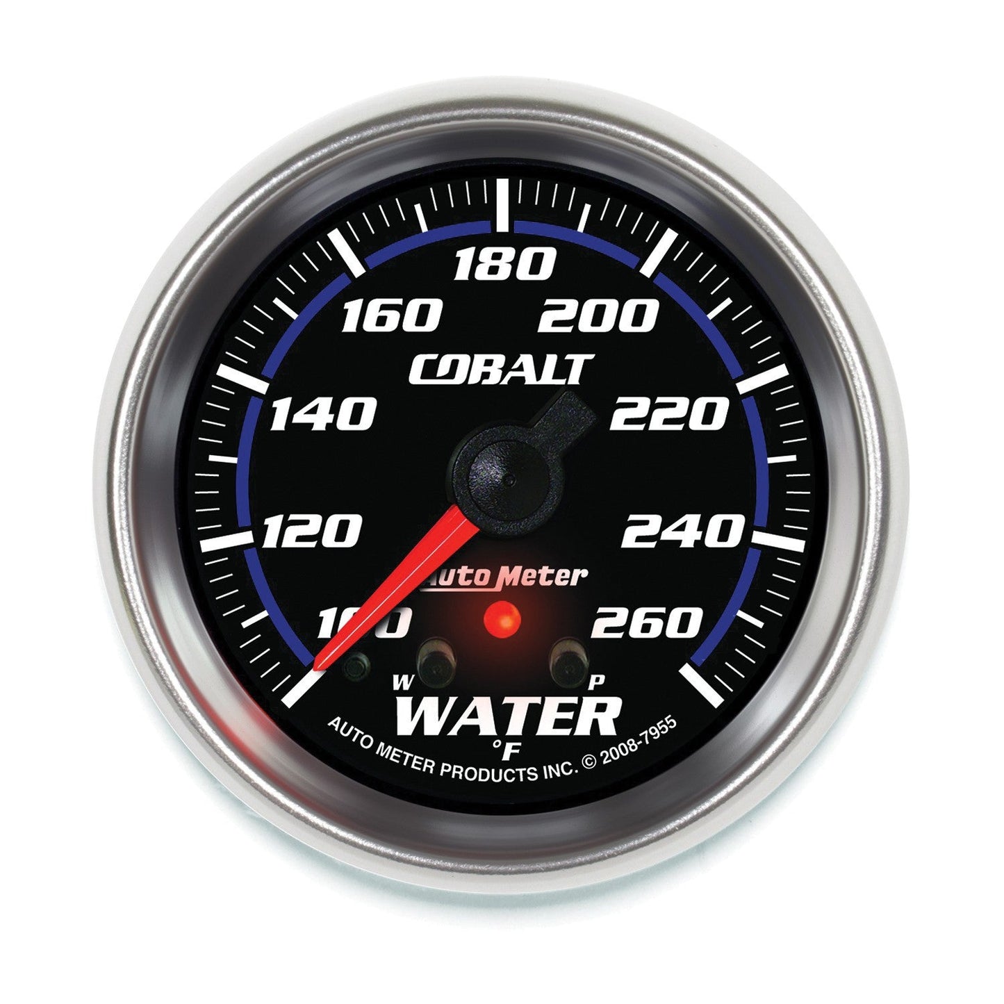 AutoMeter - 2-5/8" TEMPERATURA DA ÁGUA, COM PICO E AVISO, 100-260 °F, MOTOR DE PASSO, COBALT (7955) 