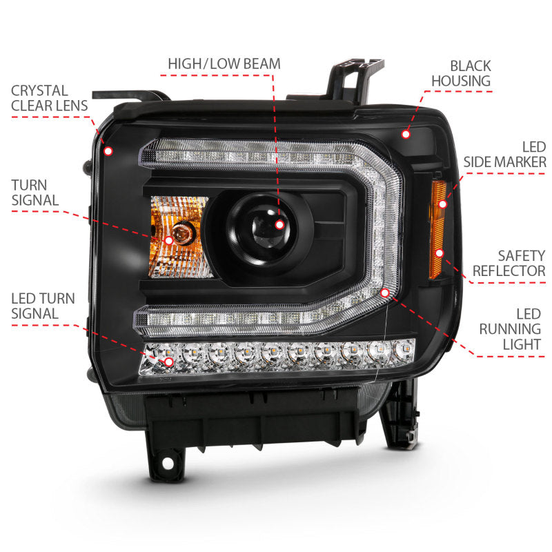 Projetor ANZO 2016-2019 Gmc Sierra 1500 Farol estilo prancha preto com sinal âmbar sequencial