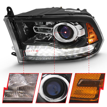 ANZO 2009-2018 Projetor Dodge Ram 1500 Plank Style Switchback HL Halo Black Amber (estilo OE)