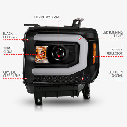 ANZO 2014-2015 GMC Sierra 1500 Proyector Faros delanteros con barra de luz carcasa negra (tipo halógeno)