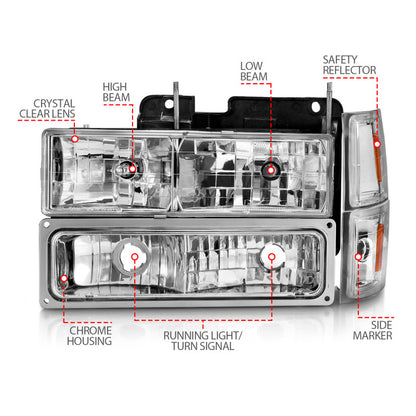 ANZO 88-98 Chevrolet C1500 Faróis de cristal cromados com sinalizadores e luzes laterais
