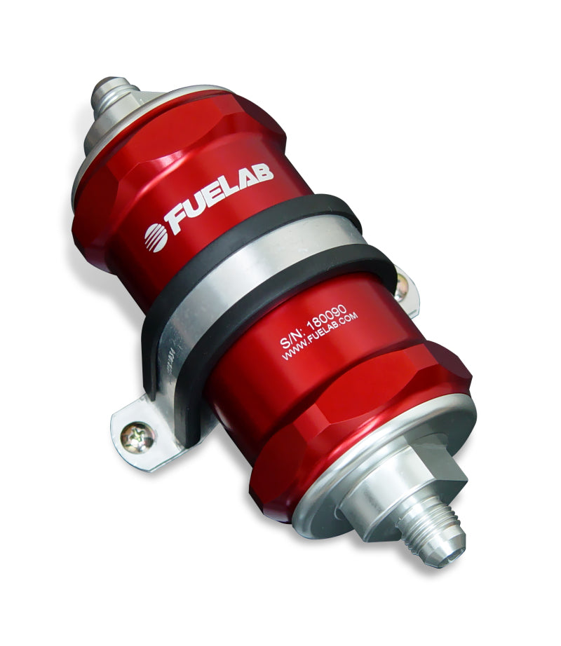 Filtro de combustível em linha Fuelab 818 padrão -6AN de entrada/saída 10 mícrons tecido - vermelho