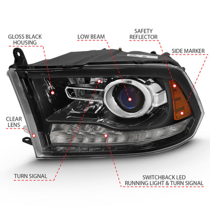 ANZO 2009-2018 Projetor Dodge Ram 1500 Plank Style Switchback HL Halo Black Amber (estilo OE)