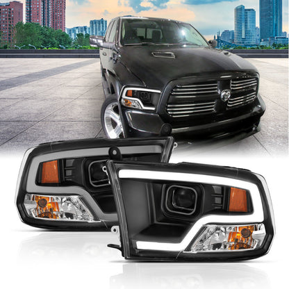 ANZO 09-18 Dodge Ram 1500 Faros delanteros estilo tablón proyector negro con halo