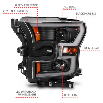 ANZO 2015-2017 Ford F-150 Projetor Faróis com Plank Style Switchback Preto c/ Âmbar