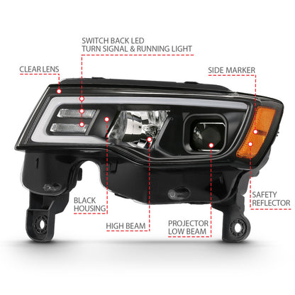 ANZO 2017-2018 Jeep Grand Cherokee Projetor Faróis c/ Plank Style Switchback - Preto c/ Âmbar