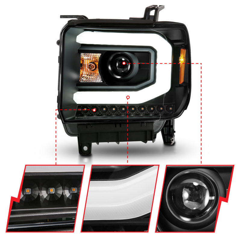 ANZO 2014-2015 GMC Sierra 1500 Proyector Faros delanteros con barra de luz carcasa negra (tipo halógeno)
