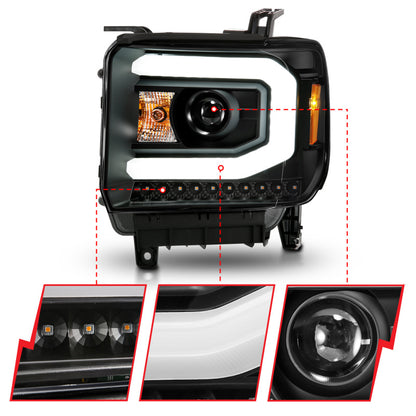 ANZO 2014-2015 GMC Sierra 1500 Proyector Faros delanteros con barra de luz carcasa negra (tipo halógeno)