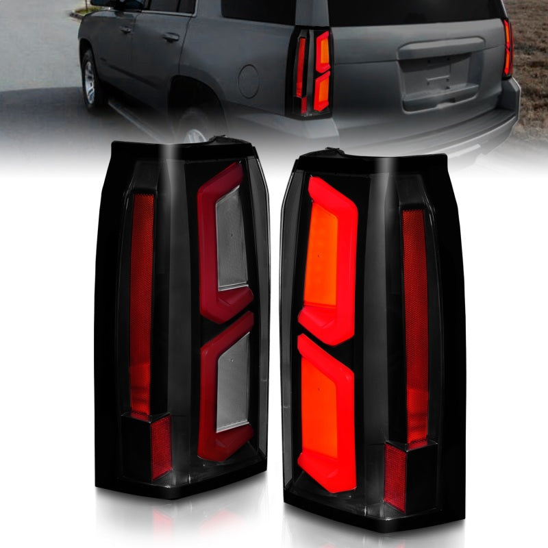 Lanternas traseiras de LED ANZO 2015-2020 Chevrolet Tahoe com barra de luz preta com lente somke