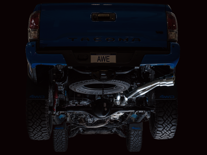AWE 16-22 Toyota Tacoma 0FG Catback Escape con BashGuard - Puntas plateadas cromadas dobles
