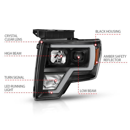 ANZO 2009-2014 Ford F-150 projetor barra de luz HL preto âmbar