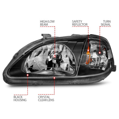 ANZO 1999-2000 Honda Civic Crystal Faróis pretos