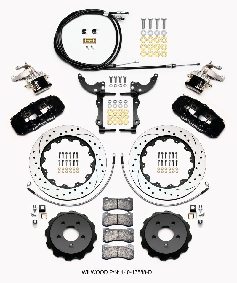 Kit trasero Wilwood AERO4 / MC4 14.00 Mustang 2015 en adelante perforado con líneas y cables
