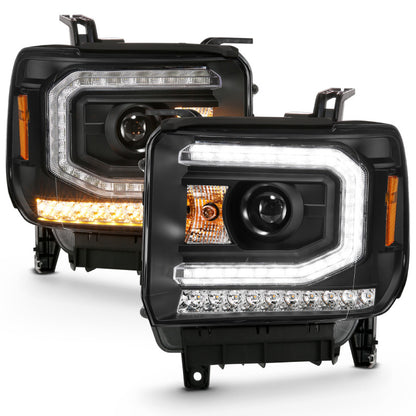 Projetor ANZO 2016-2019 Gmc Sierra 1500 Farol estilo prancha preto com sinal âmbar sequencial