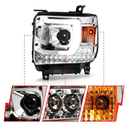 ANZO 14-15 GMC Sierra 1500/2500HD/3500HD Farol projetor estilo prancha - Caixa cromada