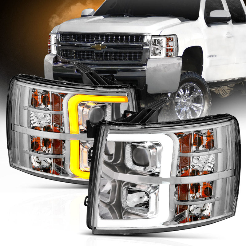 ANZO 07-13 Chevrolet Silverado 1500/2500/3500 Proj Headlights w/ Plank Style Switchback Chrome w/Amb