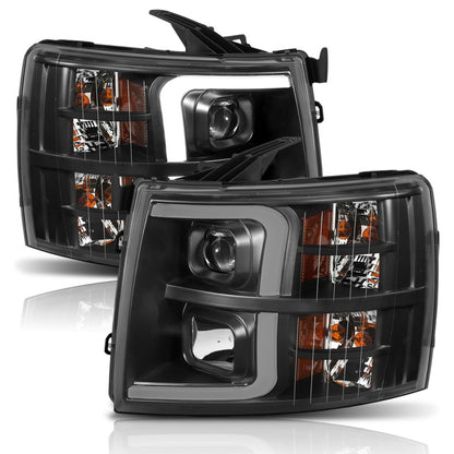 ANZO 07-13 Chevrolet Silverado 1500 Faros delanteros estilo tablón proyector negro con ámbar