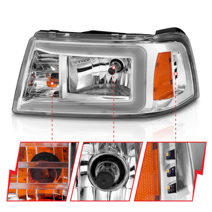 Faróis de cristal ANZO 2001-2011 Ford Ranger c/ barra de luz carcaça cromada